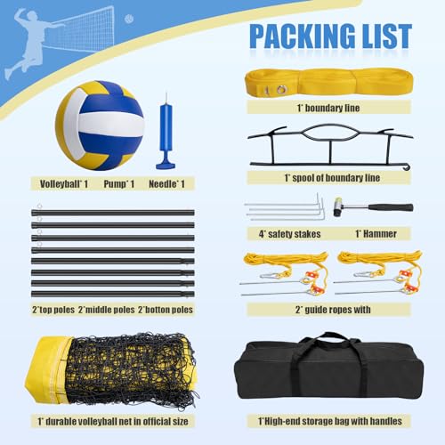Portable Volleyball Set for Backyard Outdoor - Professional Volleyball Net with Poles, Includes Volleyball, Hammer, Boundary Lines & Carry Bag for Easy Setup
