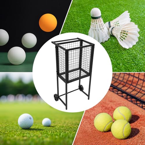 Black Tennis Ball Cart Tennis Ball Basket Tennis Ball Hopper Movable Training Tennis Cart Basket with 2 Wheels, Portable Tennis Ball Holder Basket Rolling Cart for Tennis Balls