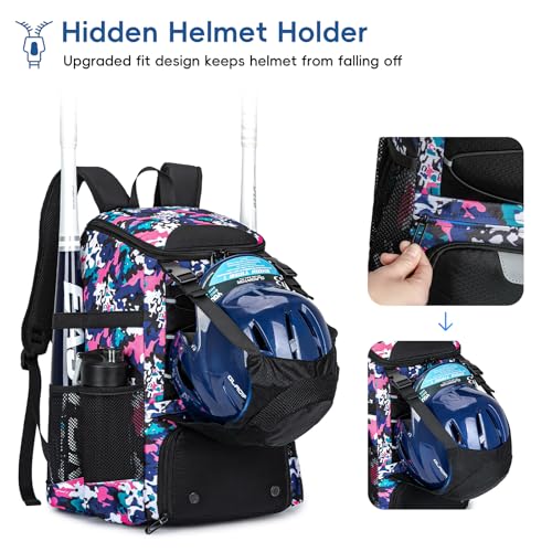 KAVIGOR Baseball Bag for Youth and Adult, Softball Backpack 40L Large Capacity, Bat Backpack with Shoes Compartment and Hidden Helmet Holder - color: Pink Camo