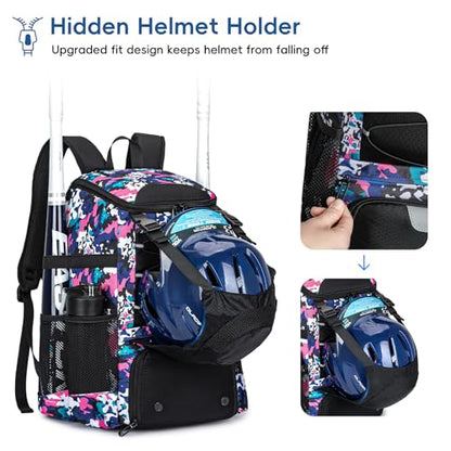 KAVIGOR Baseball Bag for Youth and Adult, Softball Backpack 40L Large Capacity, Bat Backpack with Shoes Compartment and Hidden Helmet Holder - color: Pink Camo