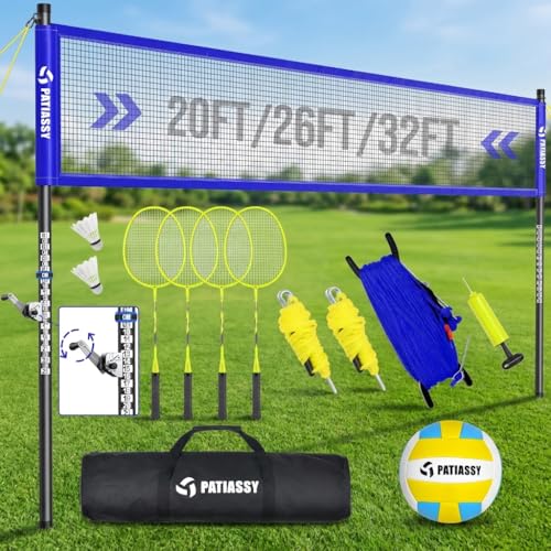 Outdoor Volleyball Net System for Backyard, Adjustable Height (5.1–8FT) & Width (20–32FT), Anti-Sag Tension System, 2-in-1 Badminton Combo Set with Carry Bag, Rackets & Shuttlecocks - color: Blue