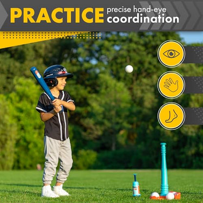 T Ball Stand for Kids and Toddlers 1-3, 3-5, 5-8. Baseball Set Includes 6 Large Balls, an Adjustable Tball Batting Tee, and a Pitching Machine. Kids Bat and Ball, T-Ball Sets for Kids - style: BLUE T BALL
