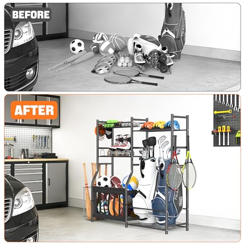 TORACK Golf Bags Stand with Ball Storage, Large Capacity Garage Sports Equipment Organizer, Indoor Toys Storage