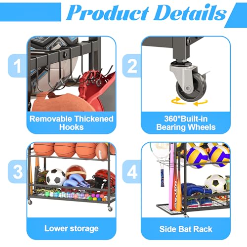 Basketball Hoop,Wheeled Sports Ball Storage Rack,Double-Row Basketball Hoop Holds 16+ Balls,Ball Storage Rack with Baseball Bat Holder and Hooks,Stores Basketballs,Soccer Balls,Footballs,etc.-Black
