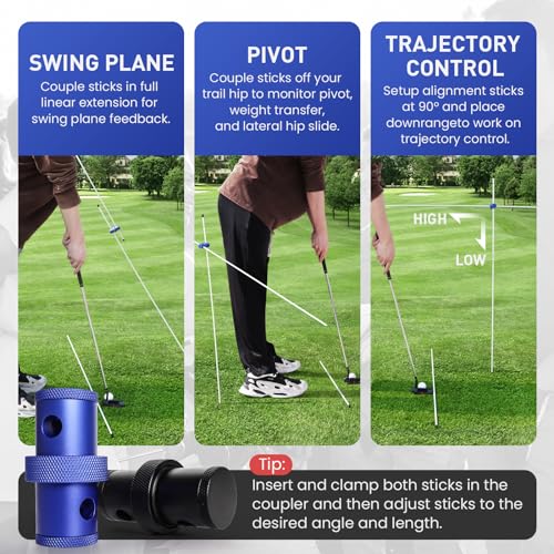 FINGER TEN Golf Alignment Sticks Rods Swing Trainer Tools 43 Inch 2 Or 3 Pack, Fits in Golf Bag Tour Stickers Practice Training Aid - color: Blue Connector Without Sticks