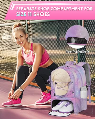 MATEIN Girls Soccer Backpack, Large Basketball Bag with Ball Holder & Shoe Compartment for Tournament & Game Day, Lightweight Youth Sports Bag with Fence Hook Fits 15.6 Inch Laptop, Soccer Team Gifts - color: Pink Purple