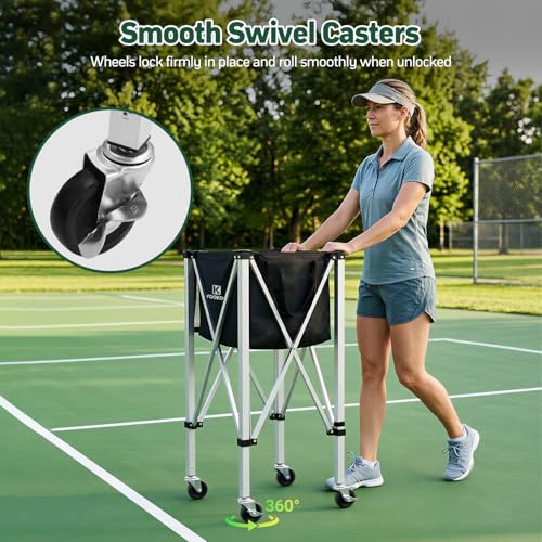 YooKoo Pickleball Basket with Lockable Wheels, Collapsible Pickleball Hopper Holds Up to 100 Balls, Sports Equipment Organizer Suitable for Ball Court, School, Garage