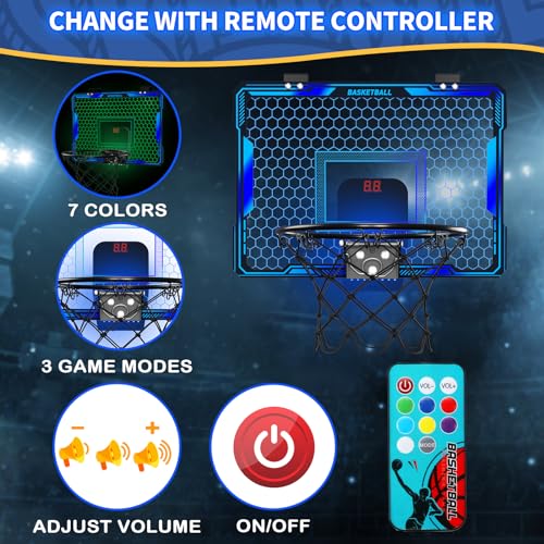 HYES Basketball Hoop Indoor, Mini Basket Ball Hoop with 7 LED Lighting, Scoreboard, Over Door Basketball Hoop with 3 Modes, Volume Adjustable, Foldable, Basketball Toys Gifts for Kids Adults - size: blue- with remote controller