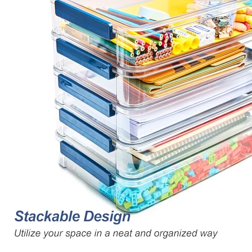 CATOOMUU 16 Pack Clear Plastic Storage Boxes with Lids, 9x13 Inches Shallow Flat, 5.5 Qt, Stackable Cases with Snap-Tight Latch, Organizer for Paper, A4 Files, Documents, Arts, Scrapbooking & Crafts - color: Large-Blue-16packs