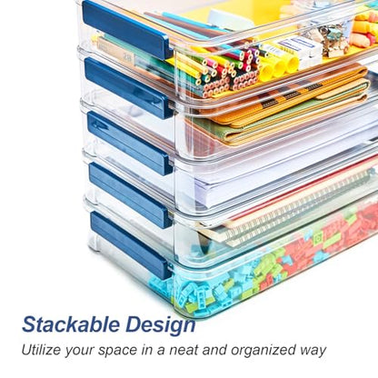 CATOOMUU 16 Pack Clear Plastic Storage Boxes with Lids, 9x13 Inches Shallow Flat, 5.5 Qt, Stackable Cases with Snap-Tight Latch, Organizer for Paper, A4 Files, Documents, Arts, Scrapbooking & Crafts - color: Large-Blue-16packs