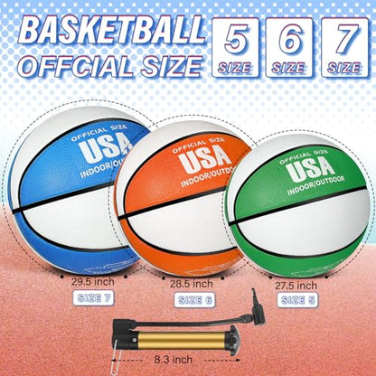 Libima 6 Pcs Official Basketball Indoor Outdoor 2 Color Printed Rubber Basketball with Pump for Game Practice Training Back to School
