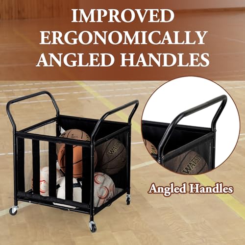 MyGift Mesh Fabric Multi Sports Ball Storage Rolling Cart with Matte Black Metal Frame, and Angled Handles, Garage, Gym or Playground Basketball, Soccer Ball Cage Equipment Basket with Caster Wheels