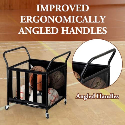 MyGift Mesh Fabric Multi Sports Ball Storage Rolling Cart with Matte Black Metal Frame, and Angled Handles, Garage, Gym or Playground Basketball, Soccer Ball Cage Equipment Basket with Caster Wheels