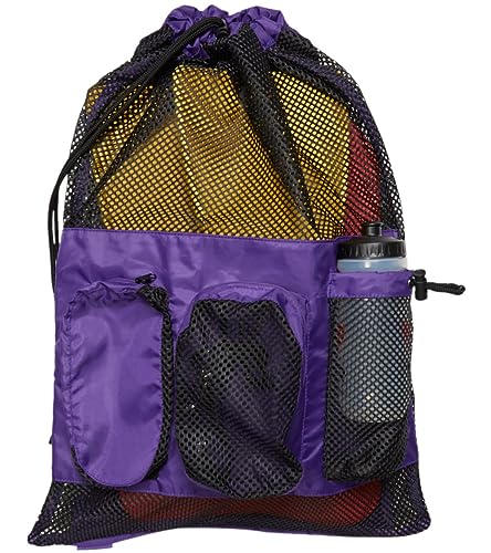 Sporti Swimming Equipment Bag Zipper Pocket, Mesh Drawstring Backpack, Drawstring Bags, Big Mesh Backpack for Workout Gear - color: Equipment - Purple, style: 4. Two Shoulders & Pockets