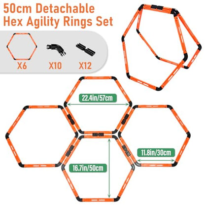Hexagon Agility Rings, 6 Set Speed Training Ladder with Carry Bag, Footwork Drills Gear for Soccer Football Basketball and Fitness