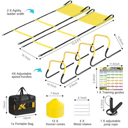 BORNEW 2 Pack Agility Ladder, Soccer Speed Training Equipment Set with Total 26 ft Agility Ladder, 12 Cones, 4 Adjustable Hurdles, Jump Rope, for Soccer, Basketball, Football, Kids, Youth, Adults - color: 1.Yellow