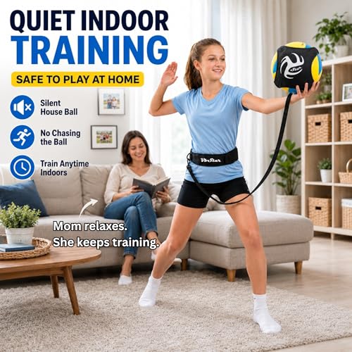 Volleyball Trainer with Silent House Ball – Indoor Practice Training Set with Serve Trainer Belt and Quiet Indoor Volleyball for Beginners & Advanced Players