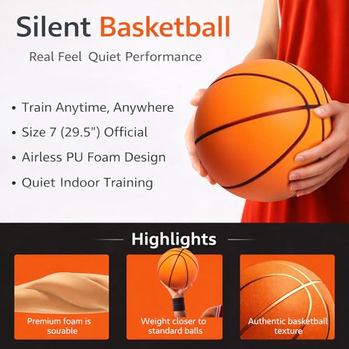 Silent Basketball Size 7(29.5"),Foam Indoor Basketball No Air Needed, Pro PU Foam ball with Grooved Grip,Solid Ball in Gift Box,High Rebound,Higher Quiet Basketball for Home Dribbling Practice