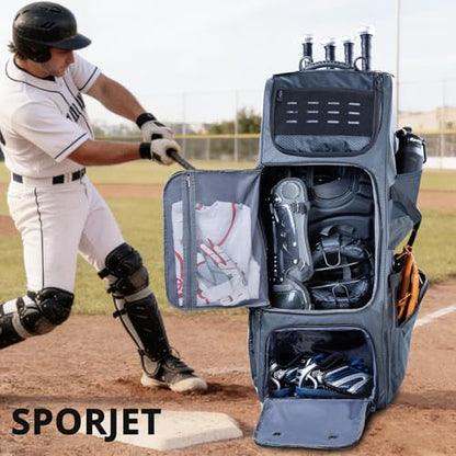 Large Rolling Baseball Catchers Gear Bag with Wheels, Softball Bag with Hard Backing for 4 Bats,Equipment Bag with Separate Shoe & Helmet Compartments, Youth Baseball Bag with 360° Spinner Wheels - color: Grey, size: Style B - Heavy-Duty Rolling Base