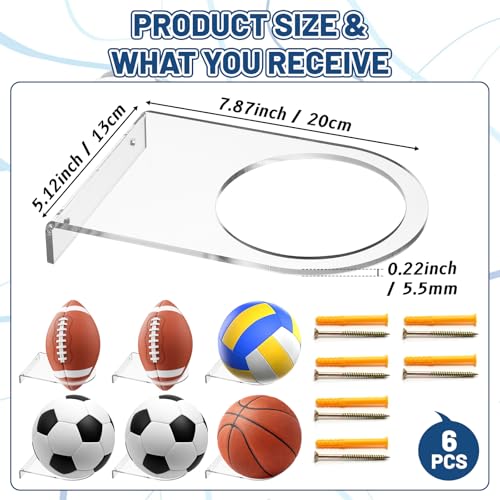 Acrylic Ball Holder Wall Mount Clear Basketball Football Display Rack Heavy-Duty 0.22" Thick Ball Storage Hangers for Soccer Volleyball Rugby Wall Mounted Sport Basketball Organizer