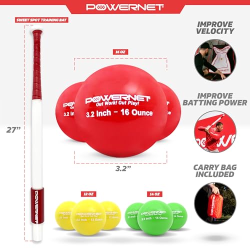 PowerNet Sweet Spot Training Bat + 3.2"" Progressive Softball Training Balls for Hitting & Pitching, 9 Pack Weighted Balls & Weighted Bat, Improve Hand-Eye Coordination & Power - size: 27" (24 oz) Bat + 3.2" Balls LITE 9 Pk
