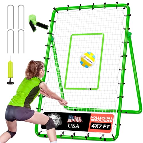 6-Angle Adjustable Volleyball Rebounder Net 7x4 ft with PU Volleyball and Stakes - Bounce Back Training Equipment for Practicing Volleying, Bumping, Spiking, Easy Set Up & Steady for Multi Sports - color: Green