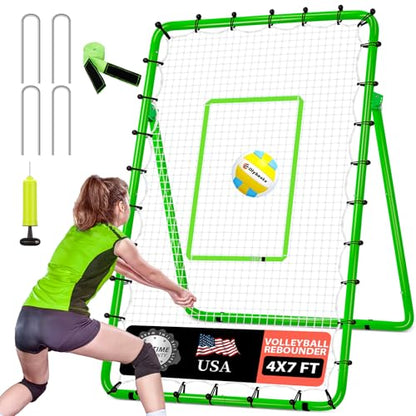 6-Angle Adjustable Volleyball Rebounder Net 7x4 ft with PU Volleyball and Stakes - Bounce Back Training Equipment for Practicing Volleying, Bumping, Spiking, Easy Set Up & Steady for Multi Sports - color: Green