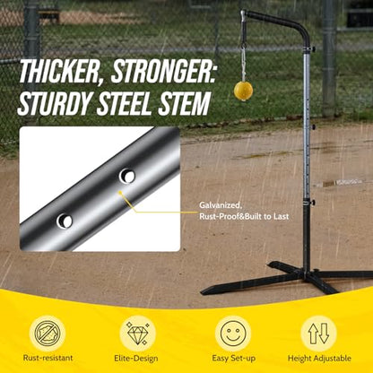 2-in-1 Baseball & Softball Swing Trainer – Reinforced Soft-Rope Version, Adjustable Height 30"-46", Heavy-Duty X-Base, Smooth Impact Design for Stable Backyard Practice