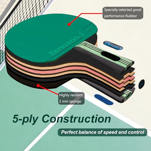 Senston 5-Ply Ping Pong Paddles Set – Premium Wood Table Tennis Set of 4 with 6 Balls & Portable Carry Case – High-Control 2mm Sponge & Ergonomic Non-Slip Grip for Beginners & Family Play