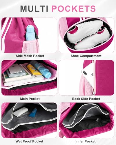 JELUTAR Soccer Bag, Drawstring Soccer Backpack with Shoe Compartment, Water Resistant Sport Gym Bags for Volleyball Basketball Football Beach Swim Pool - color: Rose Pink