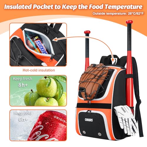 Youth Baseball Bag - Baseball Backpack Bat & Glove Holder, T-Ball & Softball Equipment & Gear,Large Main Compartment for Helmet & accessories, Fence Hook，Insulation Pocket - color: orange