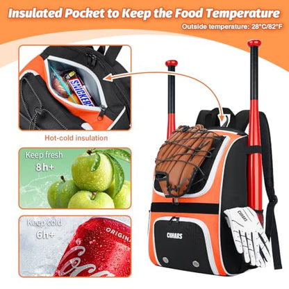 Youth Baseball Bag - Baseball Backpack Bat & Glove Holder, T-Ball & Softball Equipment & Gear,Large Main Compartment for Helmet & accessories, Fence Hook，Insulation Pocket - color: orange
