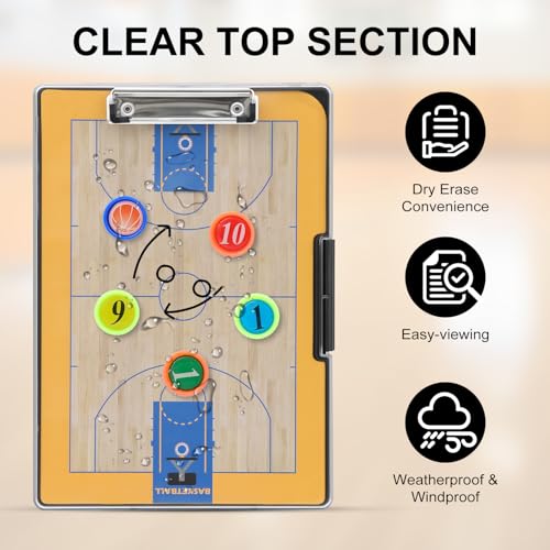 Basketball Clipboard for Coaches - All-Weather Double-Sided Dry Erase Board with Magnetic Pieces, Markers, Eraser, Whistle & Clear View Dry Erase Storage Box | Perfect Basketball Gifts - style: Basketball