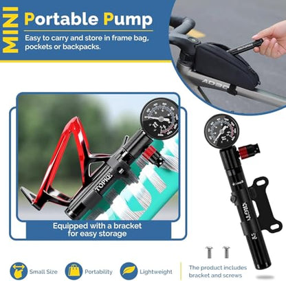 Bike Pump with Gauge, Mini Bike Pump 160 PSI with Pressure Gauge & Ergonomic Grip, Dual Valve Schrader Presta Inflator for Road and Mountain Bike Tires, Ball, Swimming Ring.