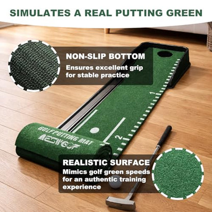Golf Putting Mat Set with Putting Green & 4 Golf Balls – 9.8 ft Training Aid Mat with Ball Return for Indoor & Backyard Practice – Great Gift for Golfers and Beginners