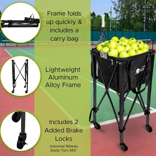 MORVAT Professional Tennis & Pickle Ball Hopper Holds 165 Balls Heavy-Duty Pro Sports Practice Cart, Foldable Portable Compact & Lightweight Zippered Pocket & Racket Holder, Carry Bag + 3 Tennis Balls - style: Hopper Bag With Cart