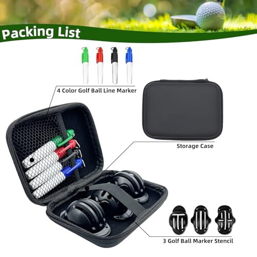 Golf Ball Marker Set with Carry Case, 3 Golf Ball Marking Stencils and 4 Color Golf Ball Markers, Golf Ball Marker Liner Marker, Golf Ball Alignment Marking Tool