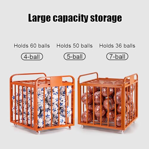Orange Rolling Basketball Storage Cart Kindergarten School Soccer Volleyball Ball Cart Sports Equipment Organizer Large Folding Ball Cage for Garages, Playgroup, Gym