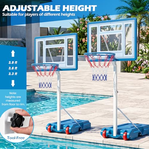 Goplus Pool Basketball Hoop, Poolside 3.3/3.6/3.9FT Adjustable Height Basketball Goal with 32" Shatterproof Backboard, Fillable Base, Wheels, Portable Pool Hoop for Outdoor