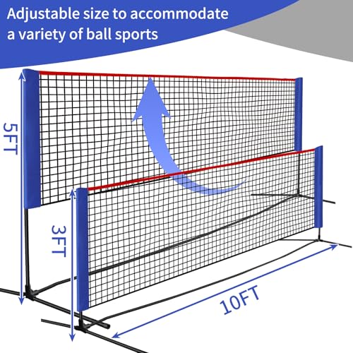 Badminton Net - Height Adjustable Portable Pickleball & Volleyball Net - 10 FT Wide Foldable Soccer Tennis Net with Poles for Kids Backyard Games Indoor Outdoor Use