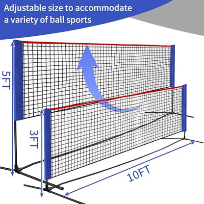 Badminton Net - Height Adjustable Portable Pickleball & Volleyball Net - 10 FT Wide Foldable Soccer Tennis Net with Poles for Kids Backyard Games Indoor Outdoor Use