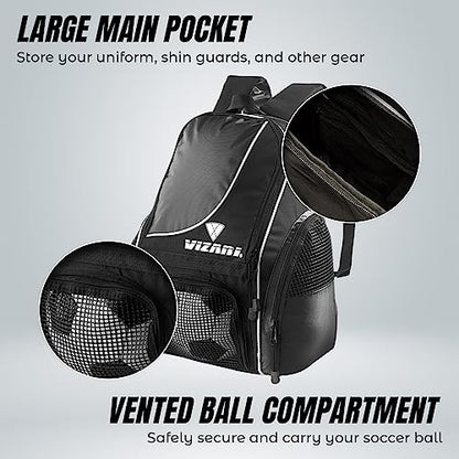 Vizari Solano Soccer Backpack With Ball Compartment and Vented Ball Pocket and Mesh Side Cargo Pockets for Adults and Teens - color: Black