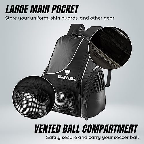 Vizari Solano Soccer Backpack With Ball Compartment and Vented Ball Pocket and Mesh Side Cargo Pockets for Adults and Teens - color: Black