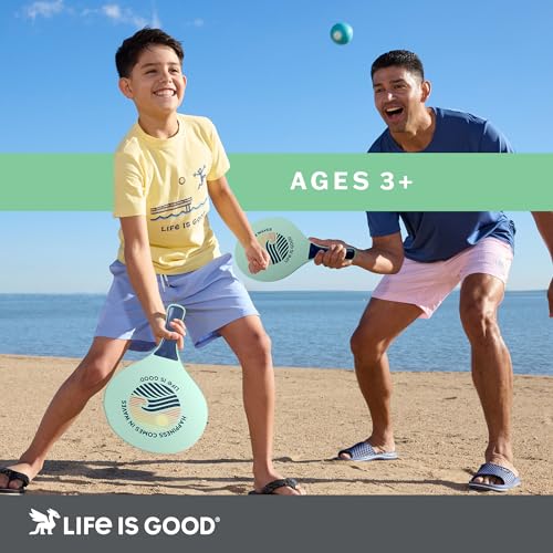 Life Is Good Wooden Paddle Ball Set (Happiness in Waves), 2 Wooden Paddles & 2 Balls, Contoured Grip Handles, Travel-Ready Family Game for Park, Picnic, Yard, and Campsite Play - color: Happiness in Waves