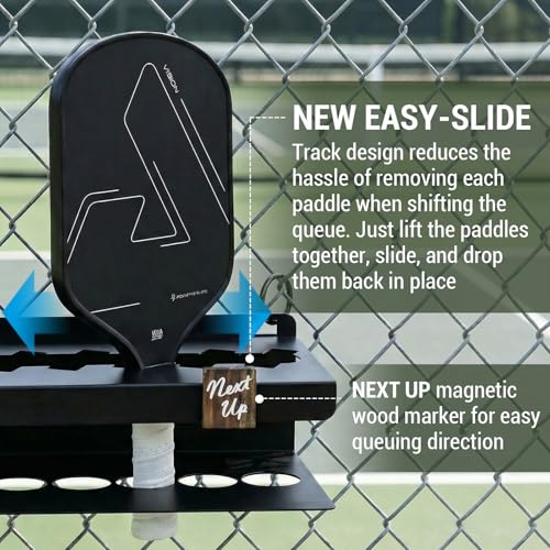 MyGift Premium Metal Pickleball Paddle Rack with Ball Basket & Magnetic Next Up Marker – Wall Mounted or Fence Hanging Pickleball Organizer, Holds up to 8 Paddles – Indoor & Outdoor Court Storage