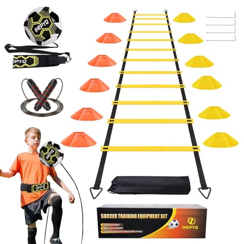 IHEPYQ Soccer Agility Training Equipment Set, 12 Rung 20Ft Agility Ladder, 12 Disc Cones, 4 Steel Stakes, Solo Soccer Trainer, Jump Rope - Speed Training Equipment for Soccer Football Basketball - color: Yellow