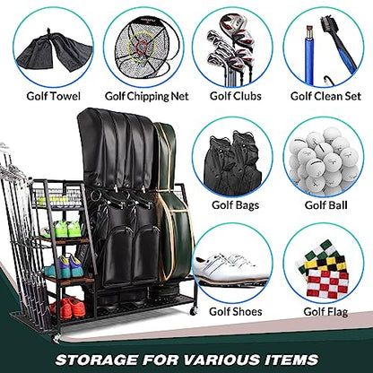 Sttoraboks Golf Bags Storage Garage Organizer, Golf Bag Rack Fits 2/3 Golf Bags and Golf Equipment Accessories, Golf Club Storage Stand with Wooden Shelf and Lockable Wheels for Garage Indoor Basement - style: 3pcs Bag Stand
