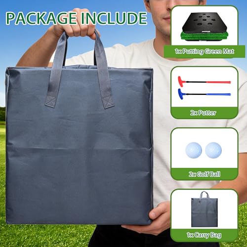 Golf Putting Mat for Indoor & Outdoor Practice, Portable Artificial Putting Green Set with 2 Putters, 2 Golf Balls, 16 Hole Covers & Carry Bag for Home, Office & Backyard Training