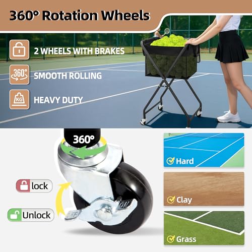 STORAGE MANIAC Foldable Tennis Ball Hopper Pickleball Bag Holds 150 Pickleballs or 180 Tennis Balls Collector Pickleball Retriever Pick Up Ball Basket Ball Caddy with Wheels Portable Training Cart