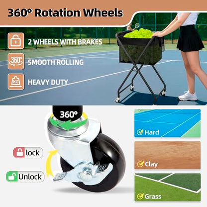STORAGE MANIAC Foldable Tennis Ball Hopper Pickleball Bag Holds 150 Pickleballs or 180 Tennis Balls Collector Pickleball Retriever Pick Up Ball Basket Ball Caddy with Wheels Portable Training Cart